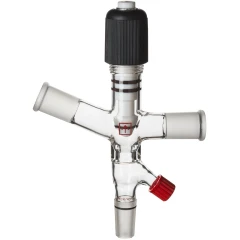 Ai 24/40 Single Cow Adapter with PTFE Valve, glass adapter with black valve top, two side arms, red-capped port