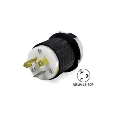 NEMA L6-30P 250V 30A Twist-Lock Plug, black and white plug with brass prongs and a pin layout diagram