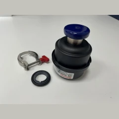 Edwards XDS35 Dry Scroll Pump Silencer, black silencer with blue cap, shown with a clamp and centering ring