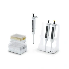 IKA PETTE Pipette MicroKit A, three single-channel pipettes, two in a white stand, with two tip boxes
