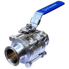 Ai 2" 304 SST Tri-Clamp Ball Valve with Lock, stainless three-piece valve with clamp ends and blue lever