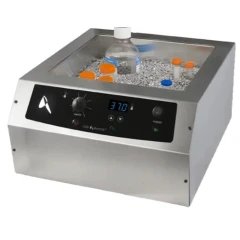 Lab Armor 20L Bead Bath, stainless unit filled with metal beads holding bottles, front dial and display