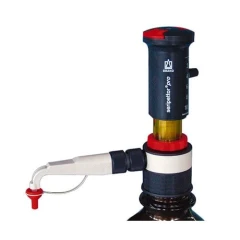 BrandTech Seripettor or Seripettor Pro Dispenser, dark blue dispenser with red accents on a brown bottle