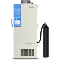 Ai CO2 Backup System for -86°C ULT Freezers, upright freezer with top control box and hose to black gas cylinder