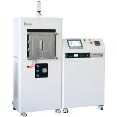 Spark Plasma Sintering Furnace, white chamber cabinet with steel door beside control cabinet with screen
