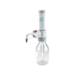 BrandTech Dispensette S Fixed-Volume Dispenser, grey dispenser with red valve and tip cap on clear glass bottle