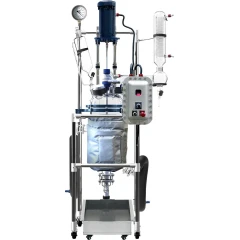 Ai 10L Jacketed Glass Reactor, Explosion-Proof, glass vessel with insulated cover, motor, control box and condenser on frame