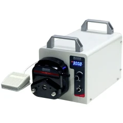 Ai P04M 0.4 L/min Compact Peristaltic Pump, grey housing with black pump head, display, handles and foot pedal