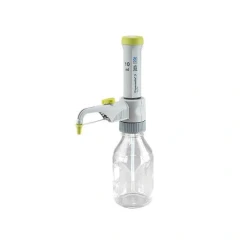 Dispensette S Organic Fixed-Volume Dispenser, grey dispenser with yellow-green cap and valve on clear glass bottle