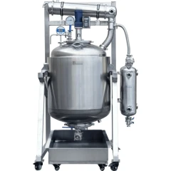 Ai 300L Dual-Jacketed 316L SST Filter Reactor, stainless vessel on tilting frame with overhead condenser and side tank