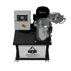 WSB-MicroPro Cannabinoid Extraction Centrifuge, stainless basket drum, motor and control box on black stand, rendering