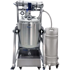Ai 500L Dual-Jacketed 316L SST Reactor, stainless vessel on wheeled frame with overhead condenser, gauges and side tank