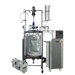 Ai 100L Glass Reactor Winterization Package, insulated glass reactor on frame with condenser, flasks, chiller and pump