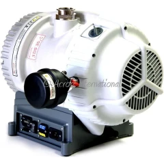 Edwards XDS35iC 25 cfm Scroll Pump, Silencer, white pump with fan cover, black silencer and grey base