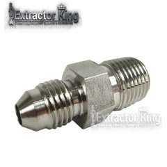 1/4" 37° JIC Flare to MNPT Fitting, stainless adapter with hex centre and threaded ends, side view