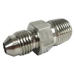 1/4" 37° JIC Flare to MNPT Fitting, stainless adapter with hex centre and threaded ends, side view