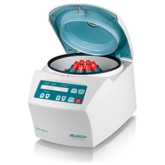 Hettich EBA 200 S 8000 RPM Centrifuge, white benchtop unit with open teal lid, red-capped tubes and keypad
