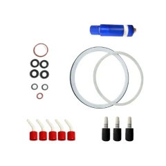 Ai R150 & R200h Reactor Service Kit, O-rings, two large ring gaskets, blue part and red and black caps laid out