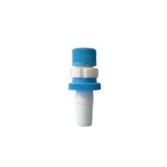 Standard Taper PTFE Compression Fittings, white tapered fitting with blue screw caps, white background