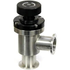 Ai KF25 316L Stainless Angle Vacuum Valve, stainless right-angle body with black handwheel and flanged ports