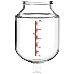 Ai R20 Non-Jacketed 20L Glass Reactor Vessel, clear single-wall glass vessel with red volume scale and bottom outlet