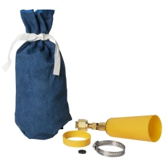 Bel-Art Frigimat Junior Dry Ice Maker, blue denim bag, yellow horn with brass valve, hose clamp and ring