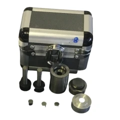 Ai 8mm Hardened Steel Dry Pressing Die Set, steel die parts and pellets in front of an aluminum carry case