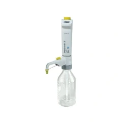 Dispensette S Organic Digital Dispenser, grey dispenser with yellow knob and digital counter on clear glass bottle