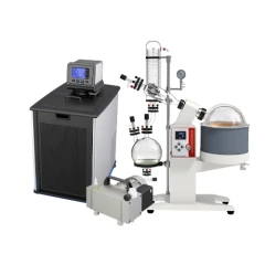 Ai 5L SolventVap w/ PolyScience Chiller & Pump, rotary evaporator beside black chiller and grey vacuum pump