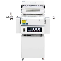 Ai RTF1200 1-3 Zone Rotary Tilting Tube Furnace, white furnace with open top lid, tube flanges and panel on cabinet