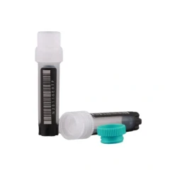 NEST Cryovials, 2D and 1D Barcode, Bulk Pack, two clear vials with barcode labels, white caps and a teal cap insert