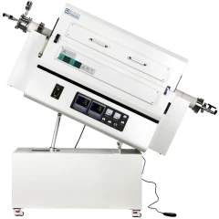 Ai RTF1500 80mm Rotary Tilting Tube Furnace, white furnace tilted on its base with tube flanges and control panel