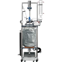 Ai 50L Single or Dual Jacketed Glass Reactor, insulated glass vessel with motor, coil condenser and control box on frame