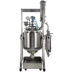Ai 100L Dual-Jacketed 316L SST Filter Reactor, stainless vessel on tilting frame with column condenser and side tank