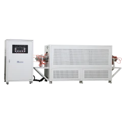 Multi-Zone Tube Furnace, Silicon Carbide Tube, long vented white furnace on frame beside tall control cabinet