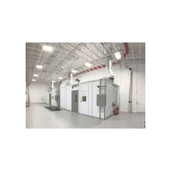 C1D1 Labs Modular Fire Rated Extraction Booth, white modular rooms with doors and ducting inside a warehouse