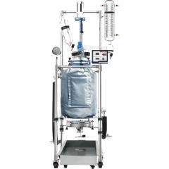 Ai 50L Jacketed Filter Glass Reactor, insulated glass vessel with addition funnel, coil condenser and drip tray on frame