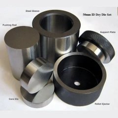 Ai 50mm Dry Pressing Die Set, steel sleeve, rod, core die, support plate and black ejector with part labels