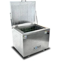 Xtractor Depot 7 Cu Ft 3kW Ultrasonic Cleaner, stainless tank with open lid and basket inside, on casters