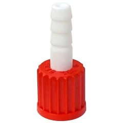 Ai PTFE GL16/GL18 Connectors, Viton, 5 Pack, white barbed connector in a red screw cap, white background