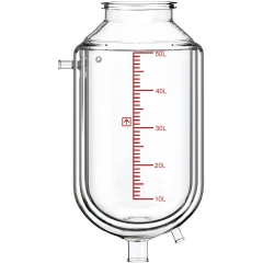Ai R50 Dual-Jacketed 50L Glass Reactor Vessel, clear double-wall glass vessel with red volume scale and side ports