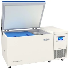 Ai Glacier 21 Cu Ft -86°C ULT Chest Freezer, white chest freezer with lid open, blue inner lids and side control panel