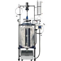 Ai 100L Glass Reactor w/ 200°C Heating Jacket, large glass vessel in silver heating jacket on frame with coil condenser