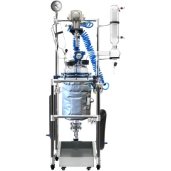 Ai 10L Jacketed Glass Reactor with Air Motor, vessel in insulating cover on steel frame, condenser and blue air hose