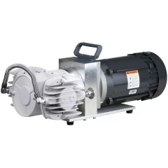 Welch 2090 4.5 CFM Explosion Proof Diaphragm, pump heads with braided hose and black motor on a base plate