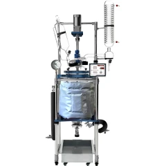 Ai 20L Single or Dual Jacketed Glass Reactor, vessel in insulating cover on steel frame with coil condenser