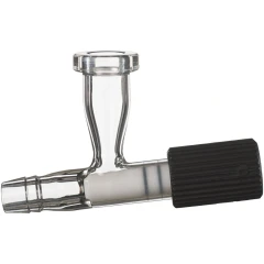 Ai Glass Drain Port with PTFE Valve, clear glass port with hose barb and black threaded knob, white background