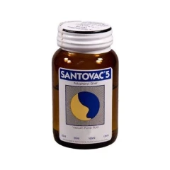 Santovac 5 Diffusion Pump Oil, amber glass bottle with white cap and blue label, white background