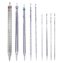 NEST Serological Pipettes, Sterile, Wrapped, row of clear graduated pipettes in several sizes, white background