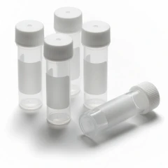 Ai Cryogenic Vials, clear 2ml screw-cap vials with white caps and writing area, representative image